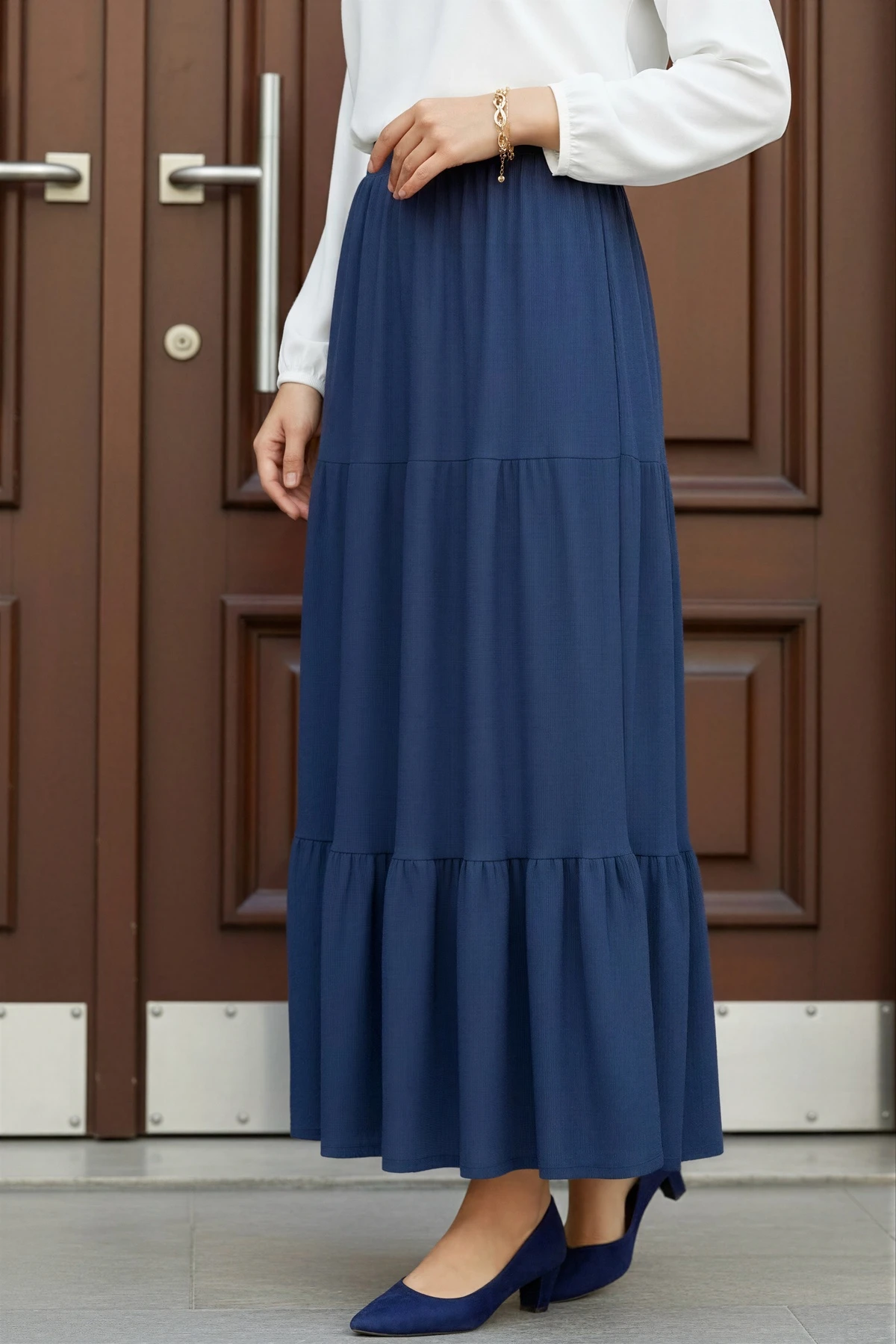 İndigo Eteği Katlı Bel Lastikli Bürümcük Etek