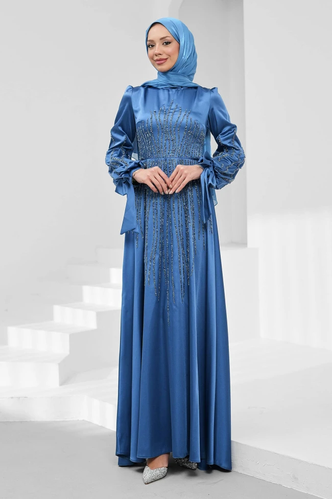İndigo Kol Bağlamalı Taşlı Saten Abiye