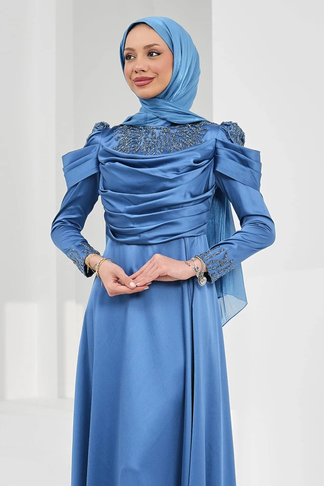 İndigo Önü Drapeli Taşlı Saten Abiye