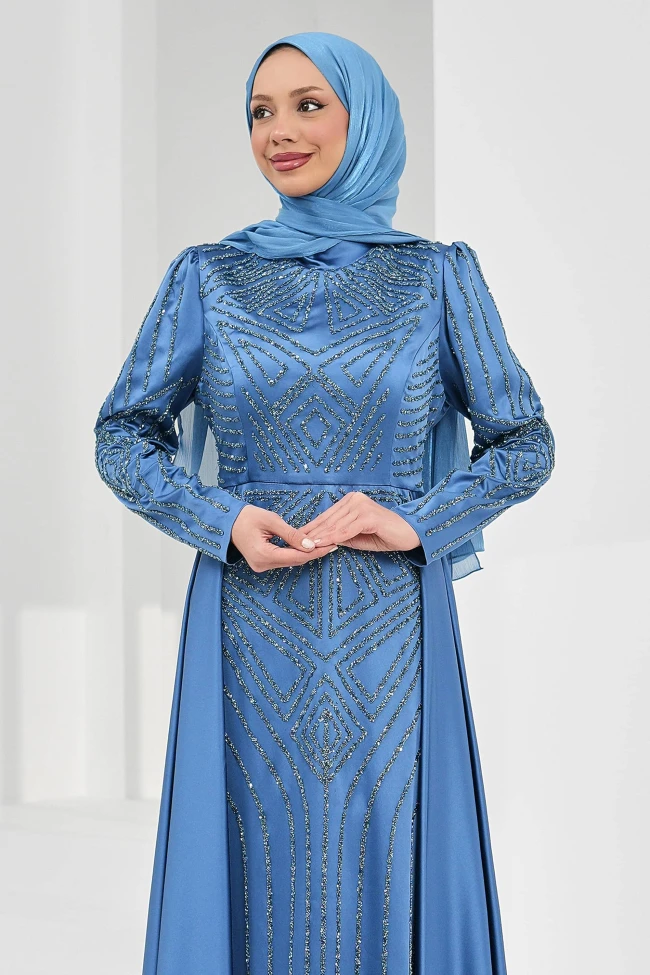 İndigo Önü Taşlı Saten Abiye