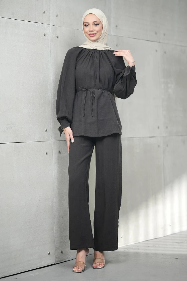 Kahverengi Bel Bağlamalı Tunik Pantolonlu Tensel Takım