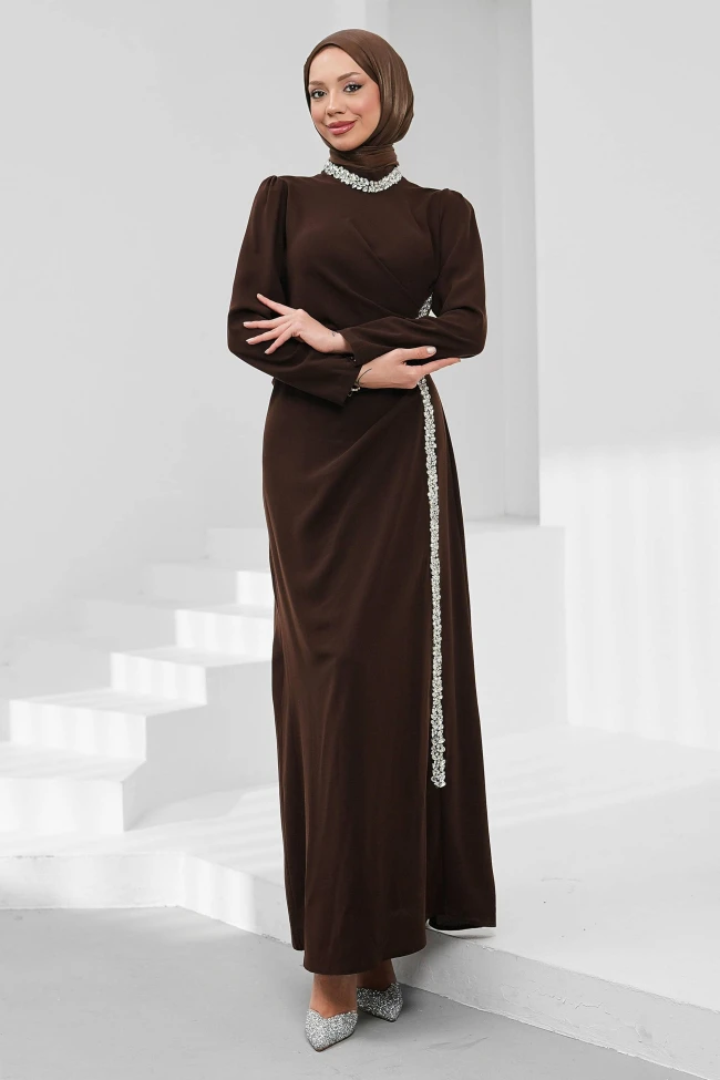 Kahverengi Büyük Beden Önü Drapeli Taşlı Abiye
