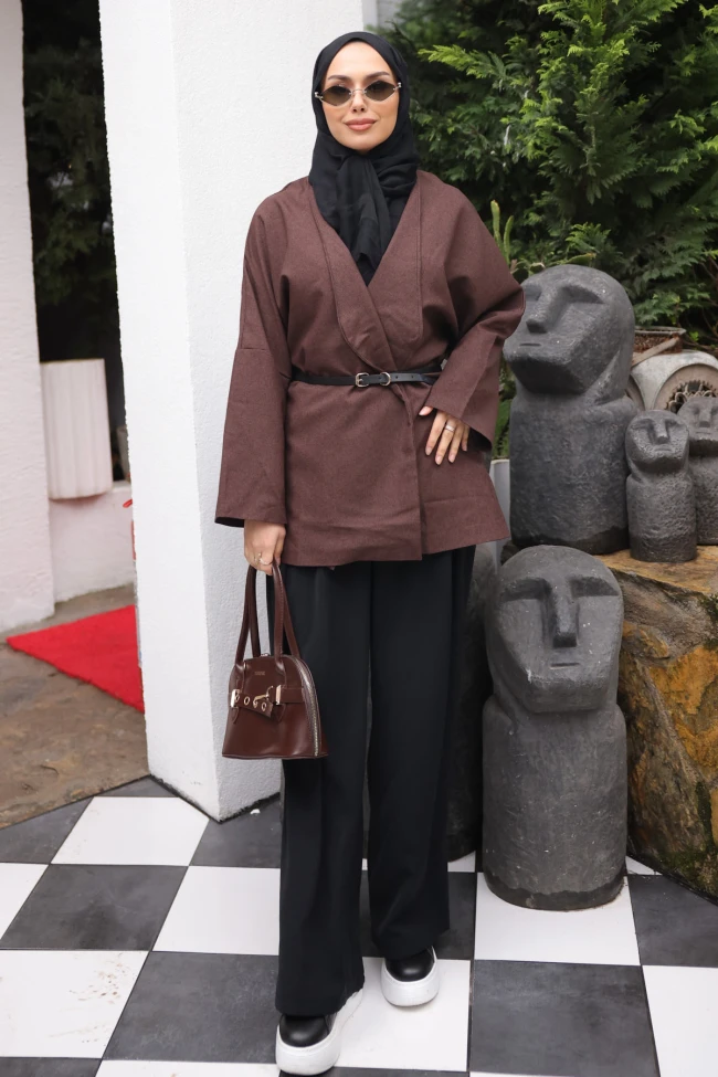 Kahverengi Kemerli Kruvaze Yaka Salaş Ceket