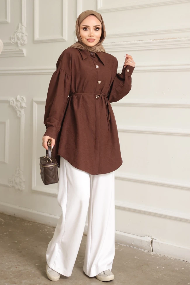 Kahverengi Kendinden Desenli İp Detaylı Gömlek