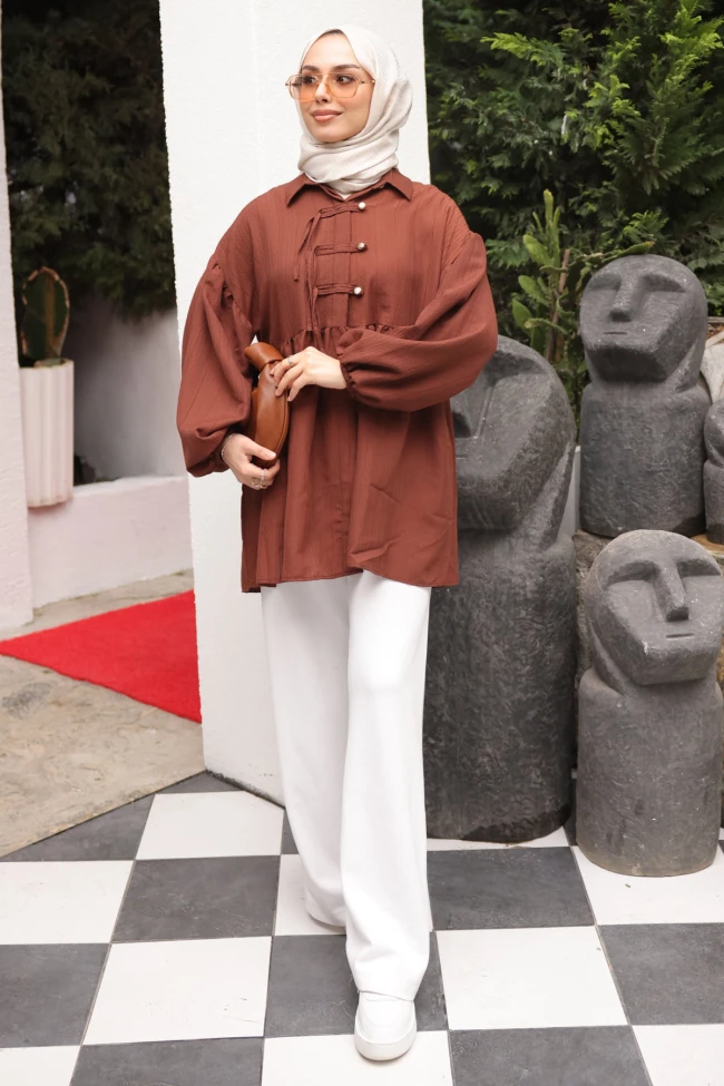 Kahverengi Kol Lastikli Önü Düğmeli Biyeli Tunik