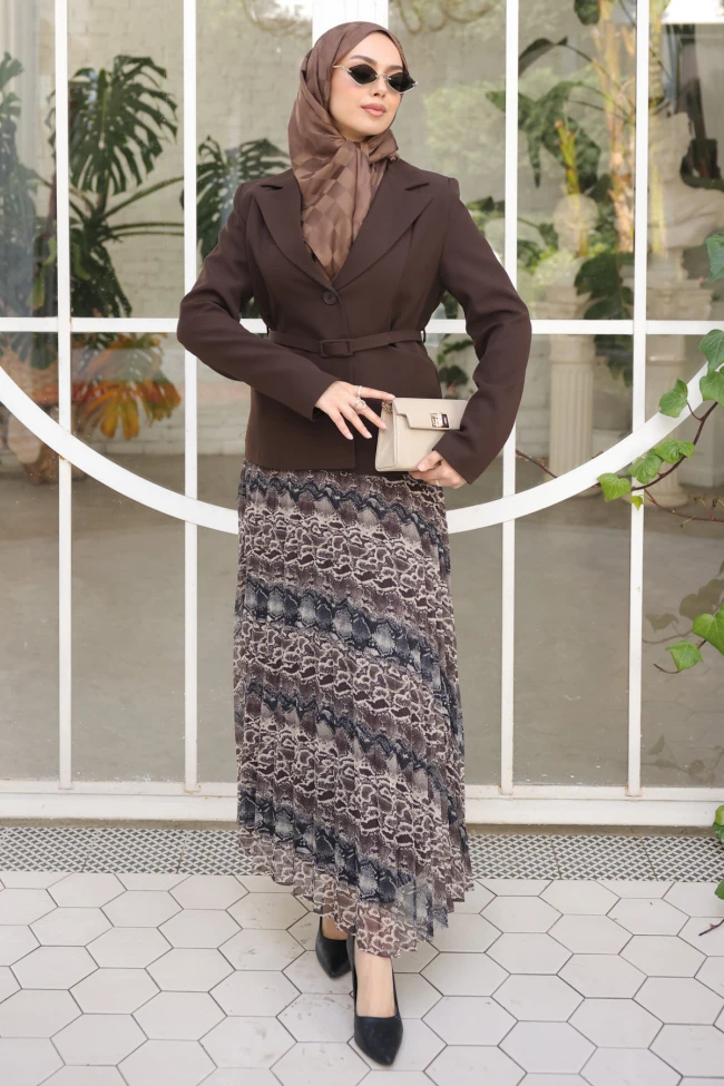 Kahverengi Kravuze Yaka Kemerli Ceket Şifon Etekli Takım