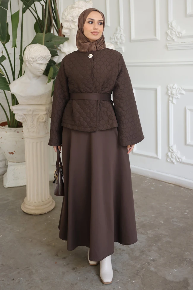 Kahverengi Kuşaklı Ceket Etekli Takım