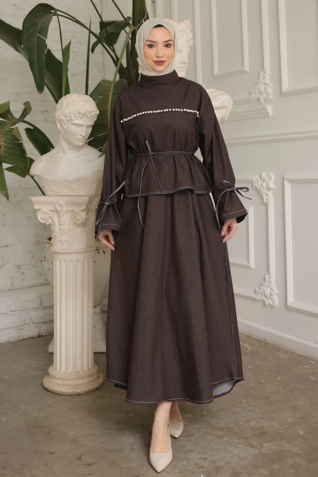 Kahverengi Önü İncili Bağlama Detaylı Etekli Kot Takım