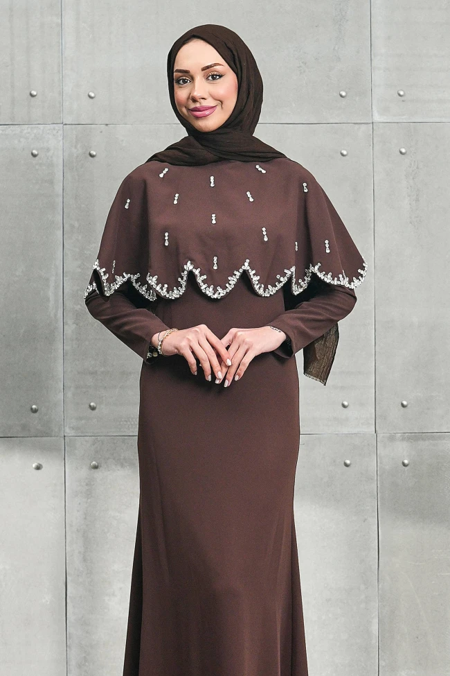 Kahverengi Seyyar Pelerinli Taşlı Balık Model Abiye