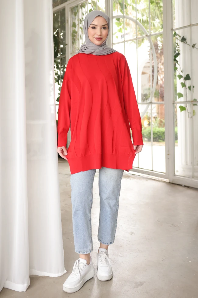 Kırmızı Bisiklet Yaka Soğuk İplik Triko Tunik