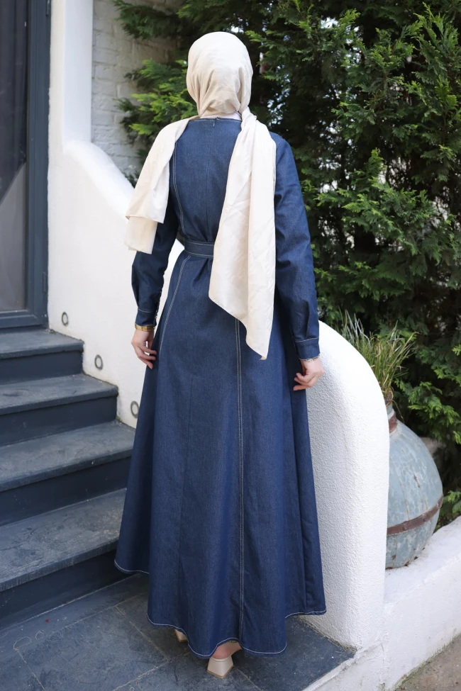 Koyu Mavi Bisiklet Yaka Kuşaklı Kot Elbise