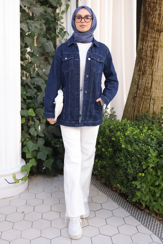 Koyu Mavi Cepli Kot Ceket