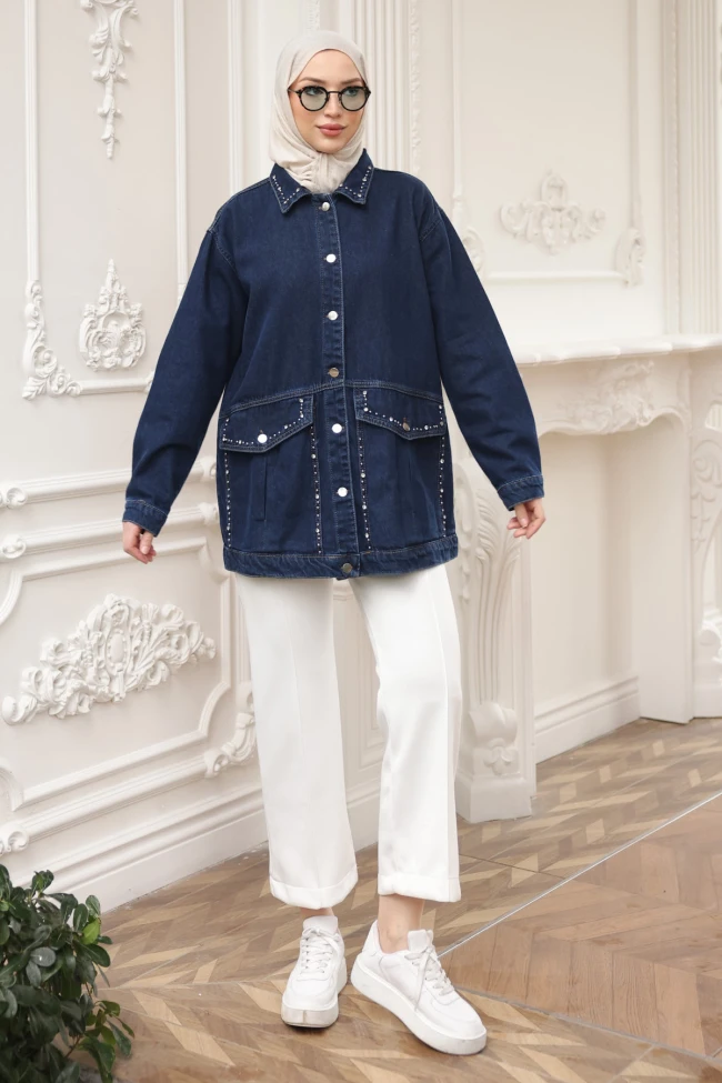 Koyu Mavi Taşlı Kot Ceket