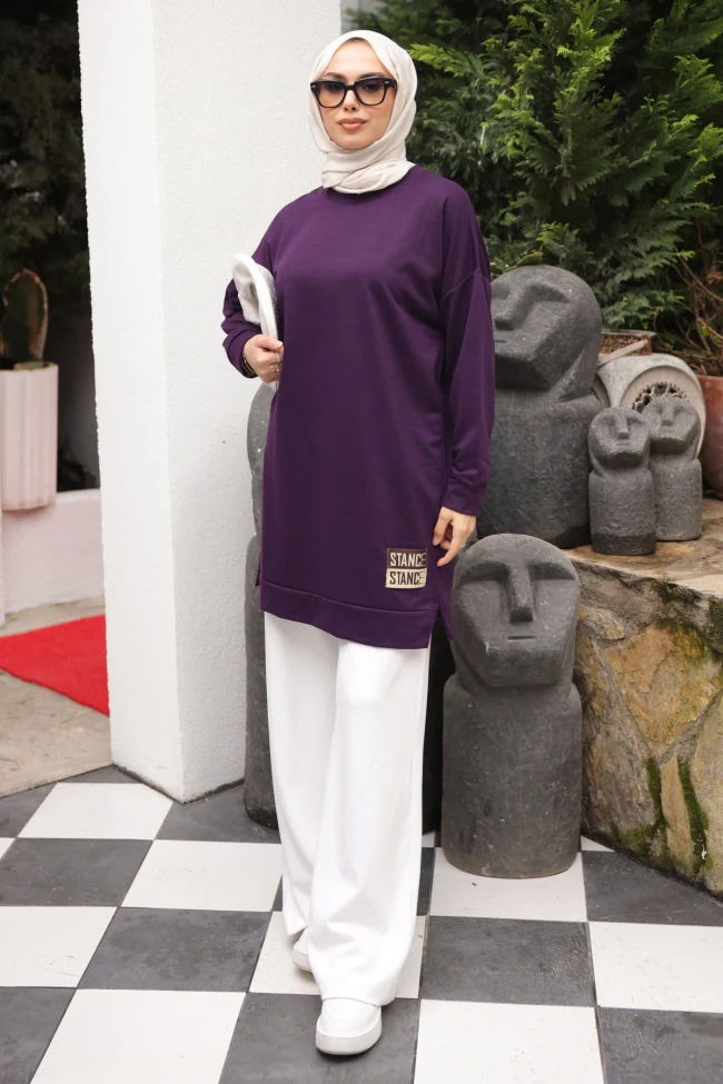 Koyu Mor Bisiklet Yaka Armalı Tunik