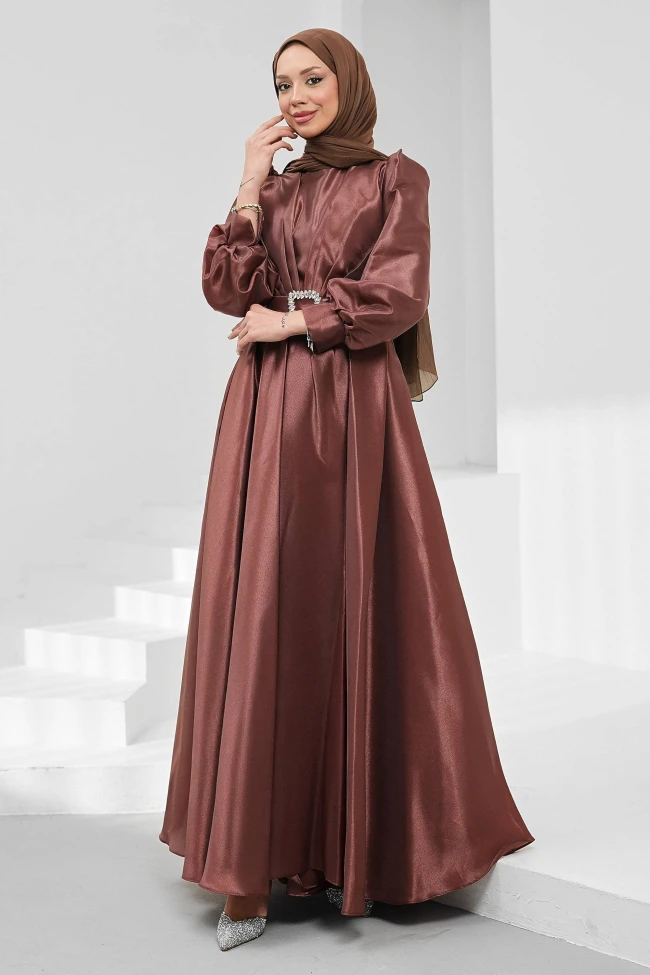 Koyu Mürdüm Balon Kol Drapeli Abiye