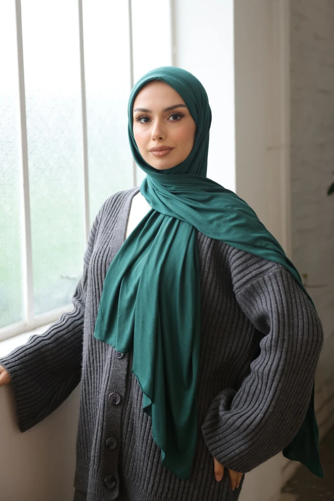 Koyu Yeşil Helen Önü Süngerli Pratik Penye Şal