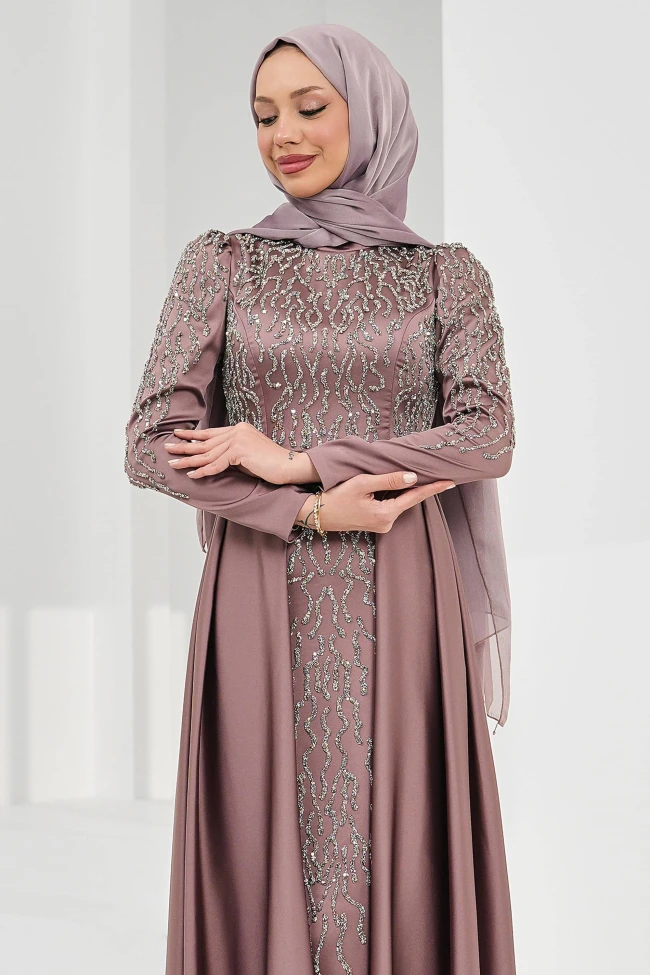 Koyuv Vizon Önü Taşlı Saten Abiye