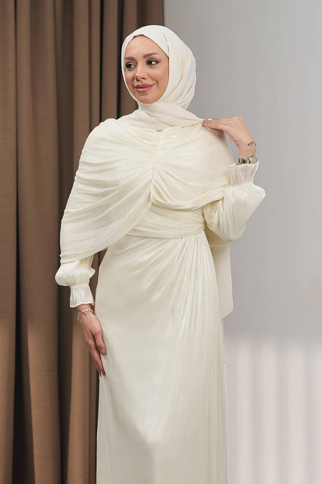 Krem Önü Drapeli Seyyar Pelerinli Abiye