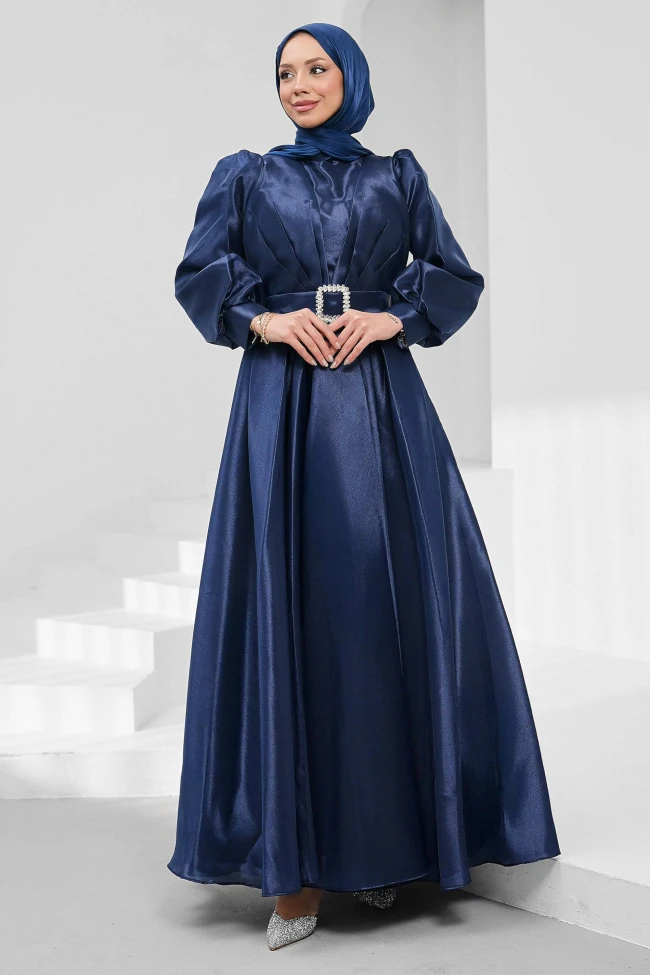 Lacivert Balon Kol Drapeli Abiye