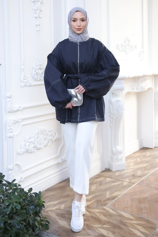 Lacivert Balon Kol Fermuarlı Oversize Kot Ceket