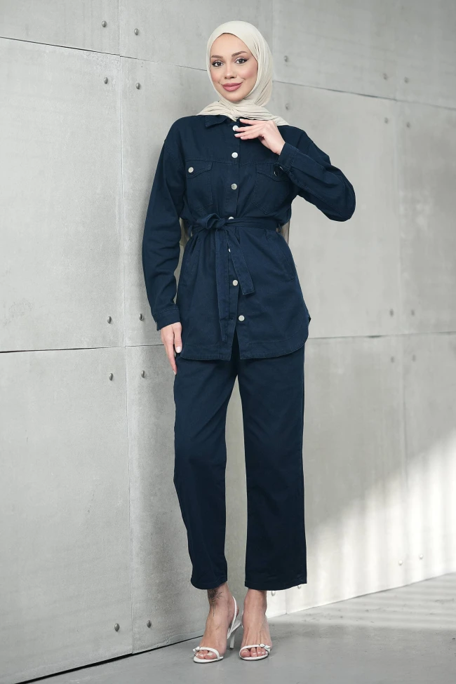 Lacivert Bel Bağlamalı Cepli Ceket Pantolonlu Kot Takım