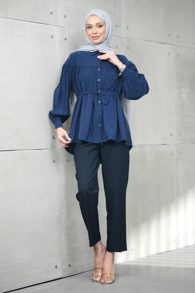 Lacivert Bel Bağlamalı Modal Salaş Tunik