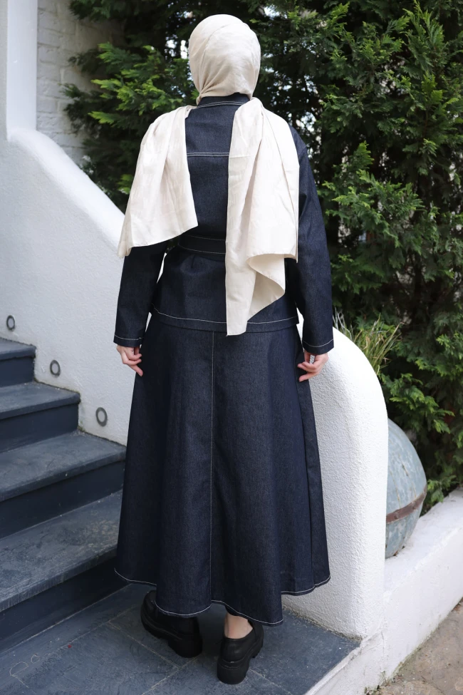 Lacivert Bel Kuşaklı Çift Cepli Ceket Etekli Takım