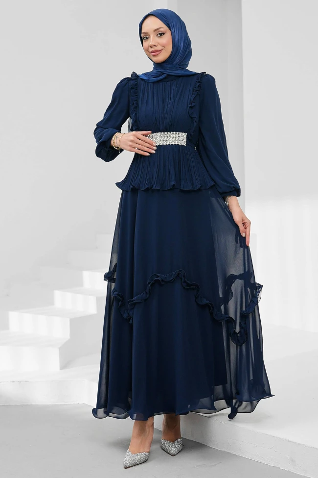 Lacivert Beli Taşlı Pliseli Şifon Abiye