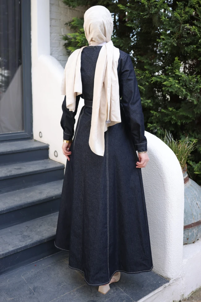 Lacivert Bisiklet Yaka Kuşaklı Kot Elbise