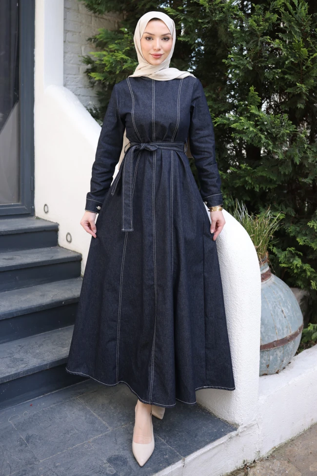 Lacivert Bisiklet Yaka Kuşaklı Kot Elbise