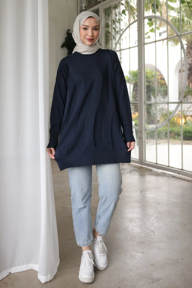 Lacivert Bisiklet Yaka Soğuk İplik Triko Tunik