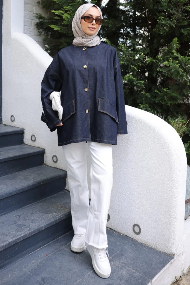 Lacivert Cepli Düğmeli Oversize Ceket