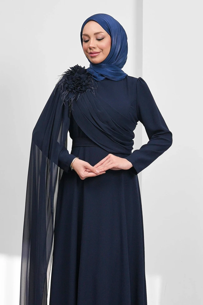 Lacivert Çiçek Detaylı Kemerli Abiye