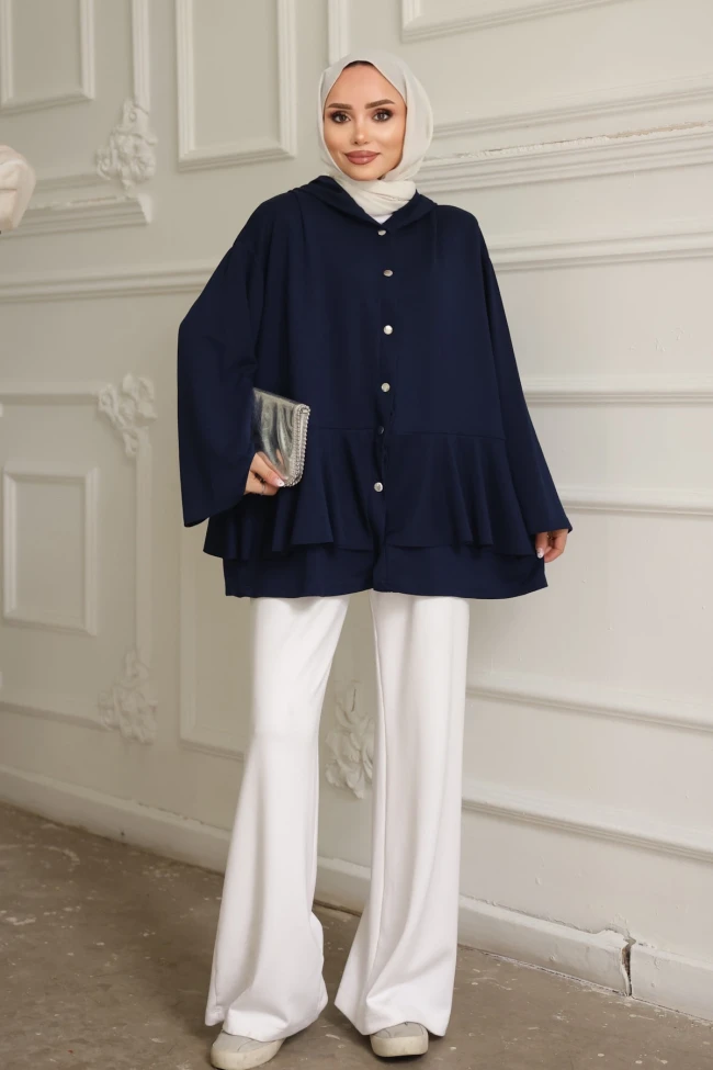 Lacivert Etek Ucu Katlı Çıtçıtlı Modal Tunik