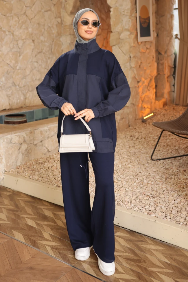 Lacivert Garnili Tınik Pantolonlu Modal Takım