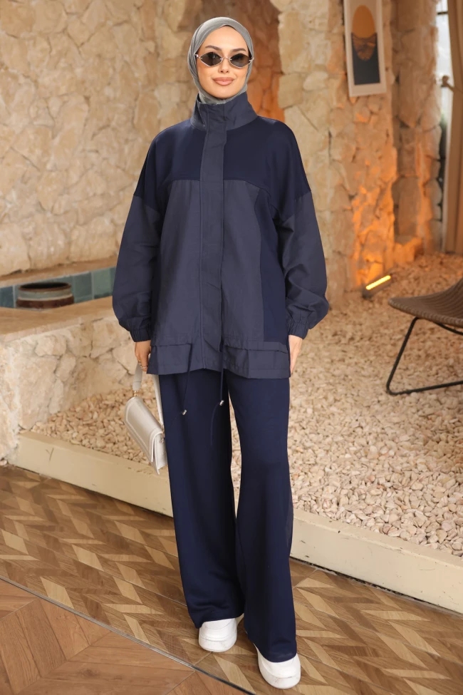 Lacivert Garnili Tınik Pantolonlu Modal Takım