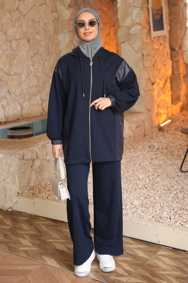 Lacivert Garnili Tunik Pantolonlu Modal Takım