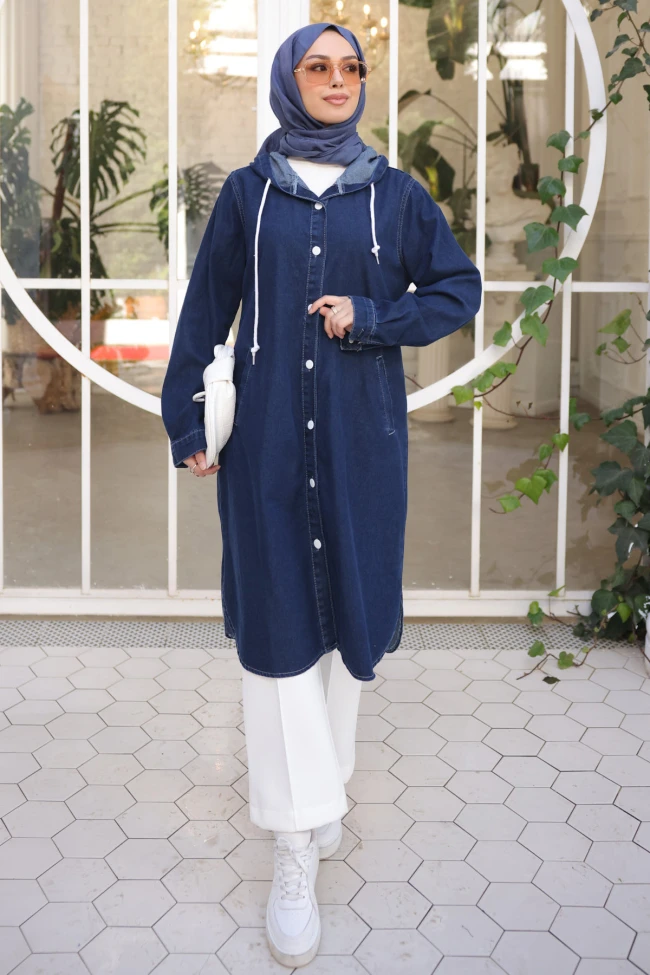 Lacivert Kapşonlu Cepli Kot Kap
