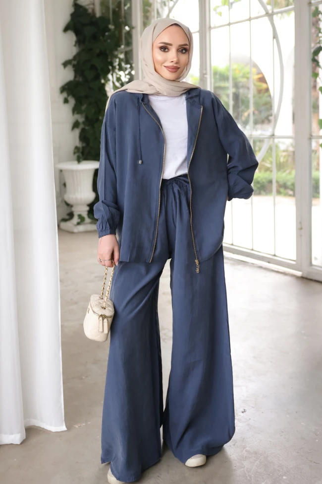 Lacivert Kapüşonlu Bol Paça Ceket Pantolonlu Takım
