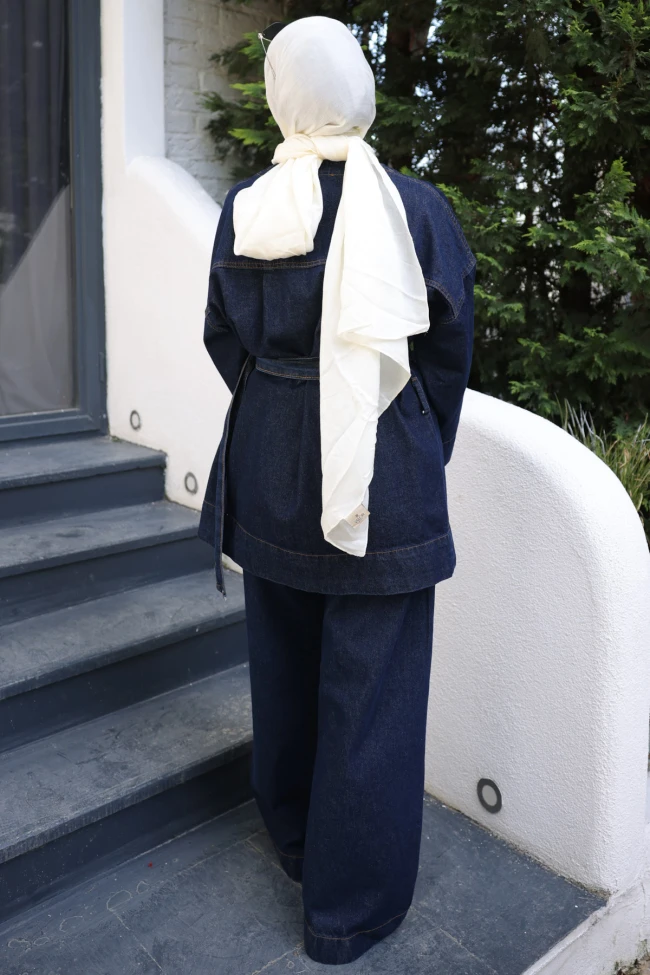 Lacivert Kemerli Kot Ceket Pantolonlu Takım