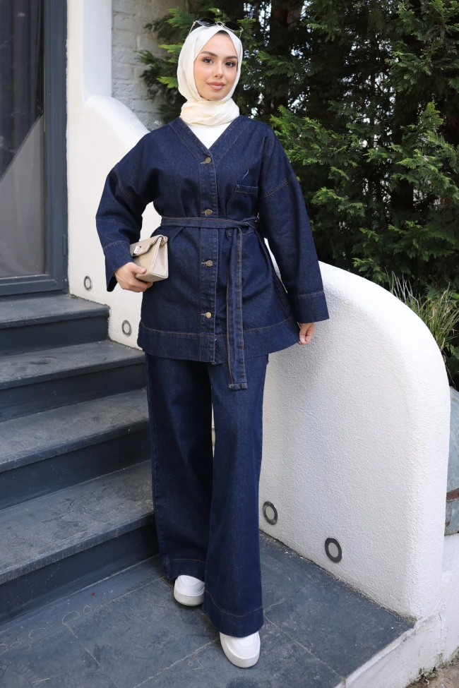 Lacivert Kemerli Kot Ceket Pantolonlu Takım