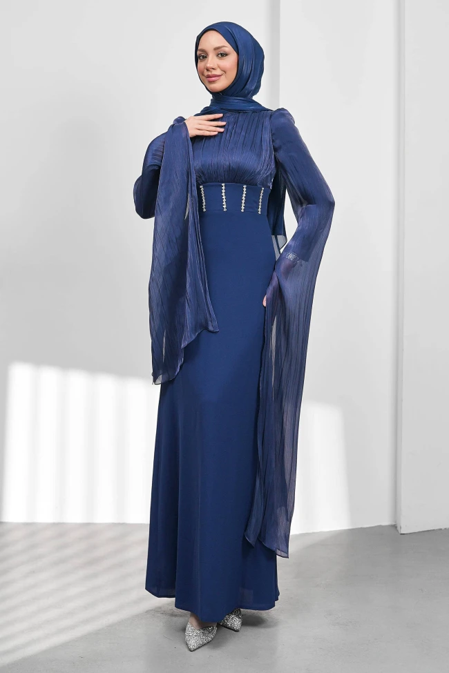 Lacivert Kol Detaylı Balık Model Taşlı Abiye