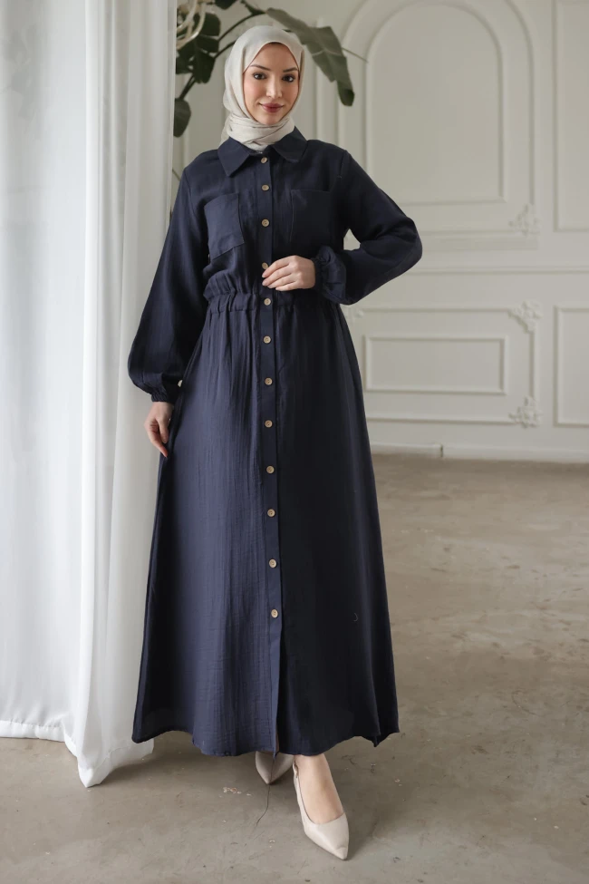 Lacivert Kol Ve Bel Lastikli Düğmeli Çift Cepli Elbise