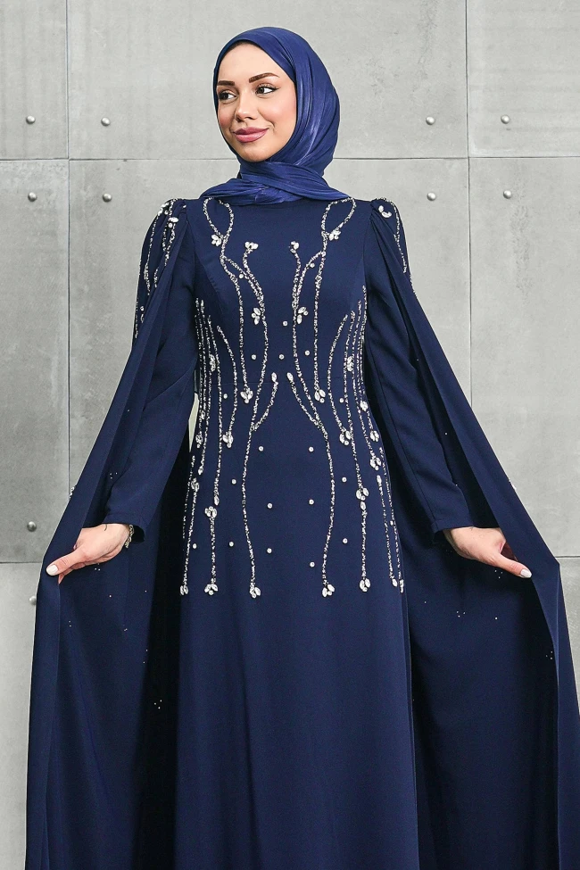 Lacivert Kolları Pelerinli Taşlı Abiye