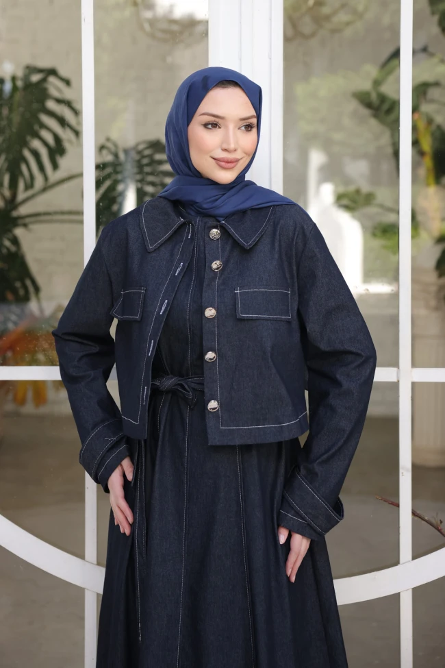 Lacivert Kot Ceket Elbise İkili Kombin Takım