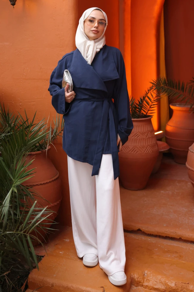 Lacivert Kruvaze Yaka Kısa Trençkot