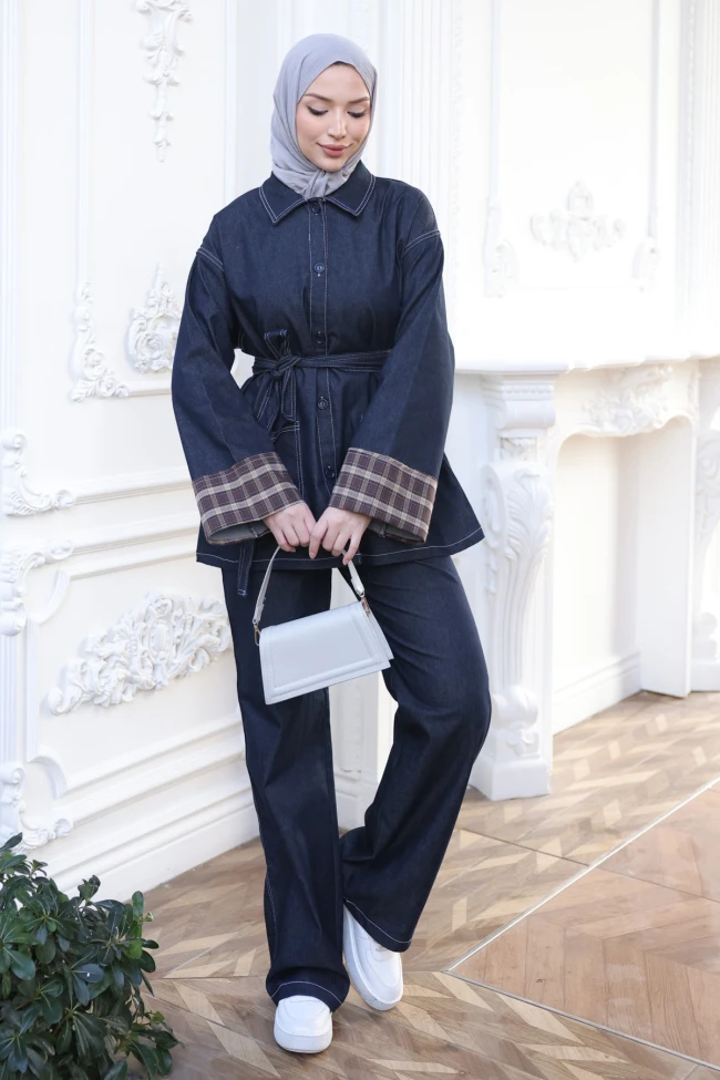 Lacivert Kuşaklı Ceket Pantolonlu Kot Takım