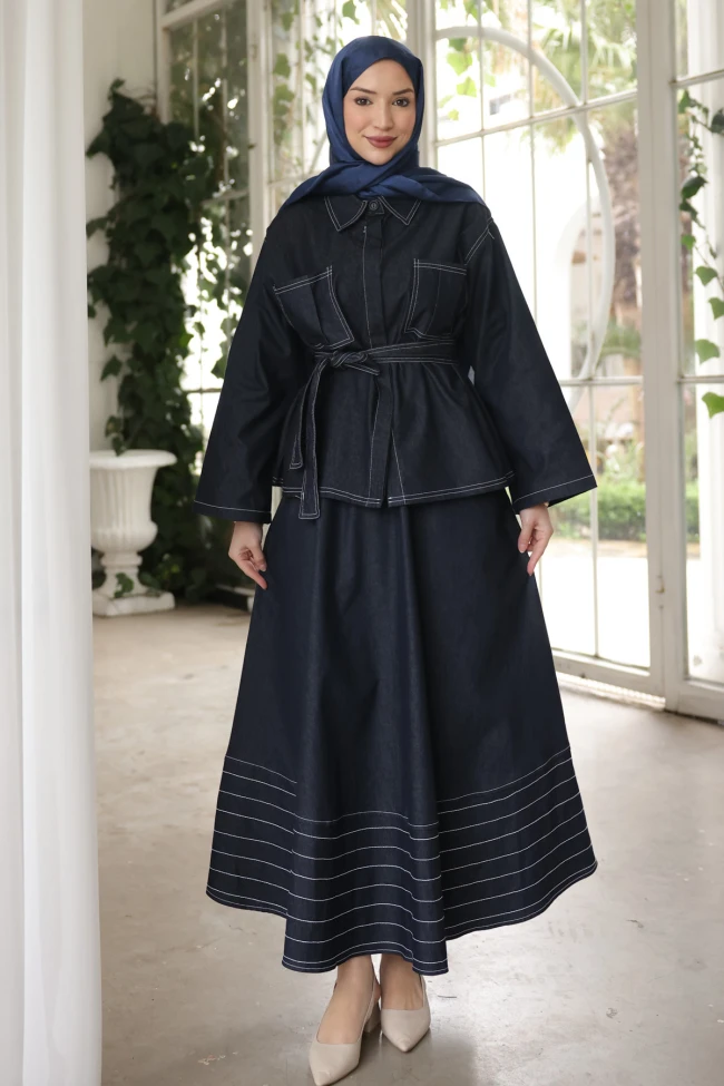 Lacivert Kuşaklı Ceket Etekli Takım Kot Takım