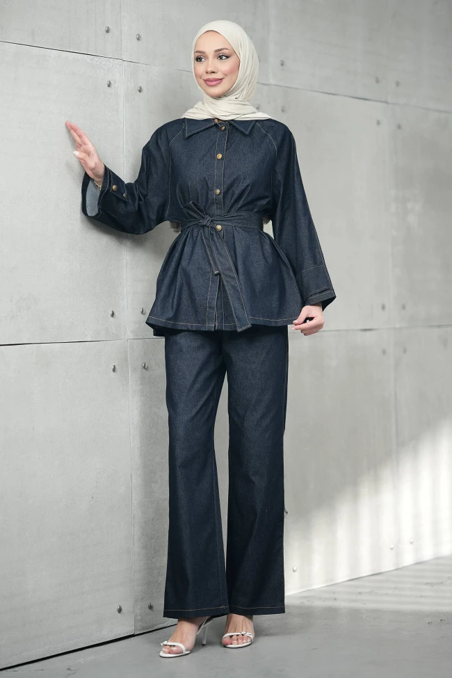 Lacivert Kuşaklı Ceket Pantolonlu Kot Takım