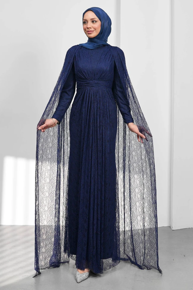 Lacivert Omuz Pelerinli Drapeli Güpürlü Abiye